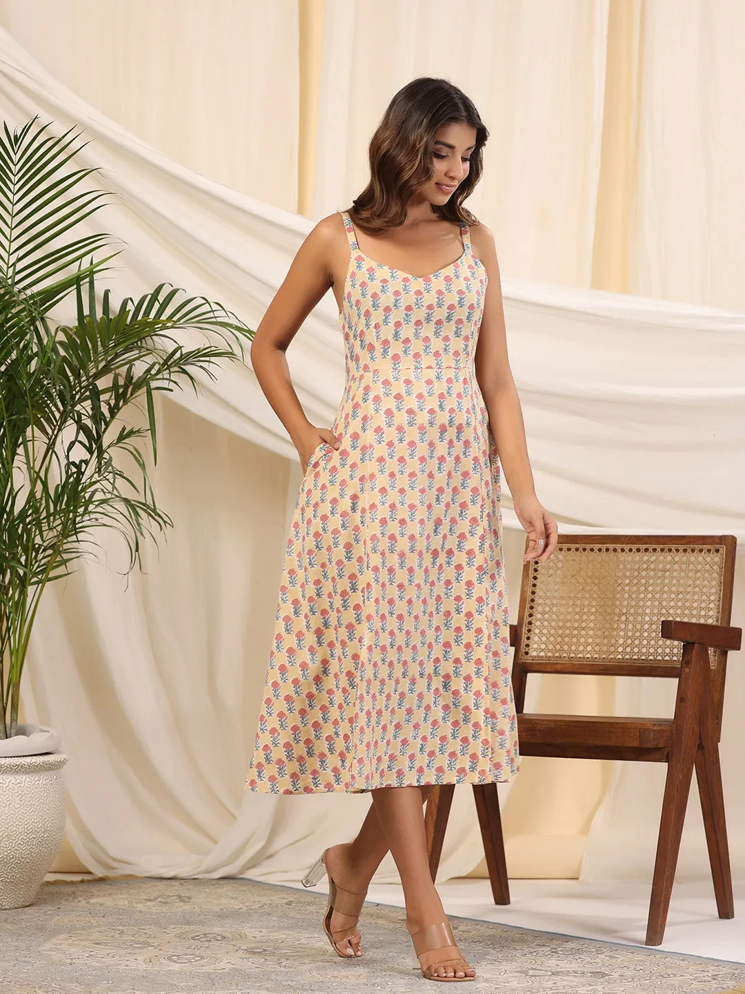 Yellow Handblock Baisa Printed Cotton Dress