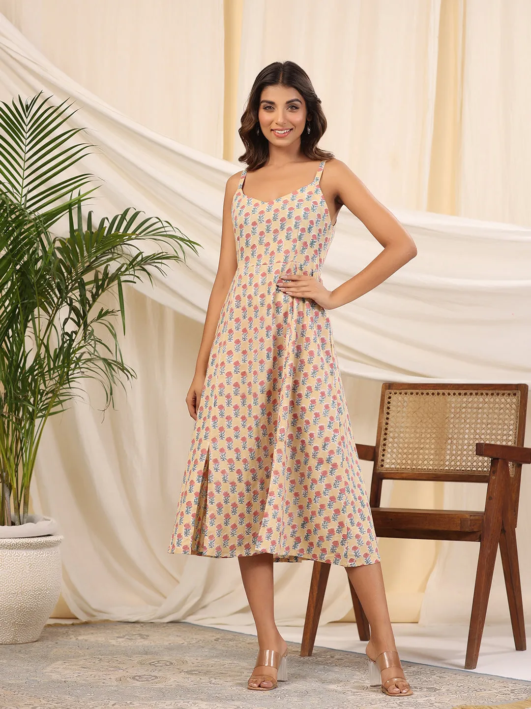Yellow Handblock Baisa Printed Cotton Dress